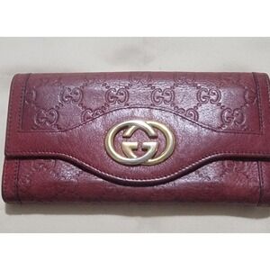 Gucci Guccissima Leather Long Wallet Burgundy GG Interlocking  Chain Strap COA
